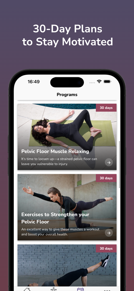 ケーゲル体操アプリのインターフェース。骨盤底筋をリラックスさせ、強化するための30日間プログラムを表示。