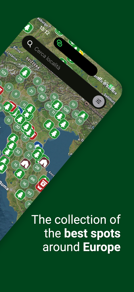 Mappa Magica - Mappa Magicaアプリのマップビュー。バンライフ旅行者向けに、ヨーロッパ全域の厳選されたキャンプおよび自然スポットを表示しています。