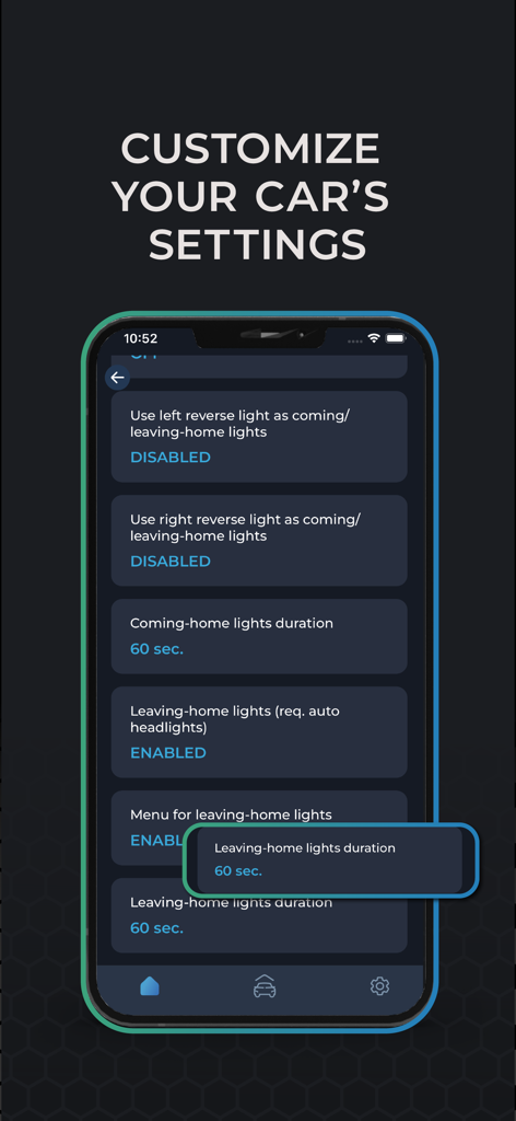 Carista OBD2 - Smartphone interface of the Carista OBD2 app showing options to customize vehicle lighting settings