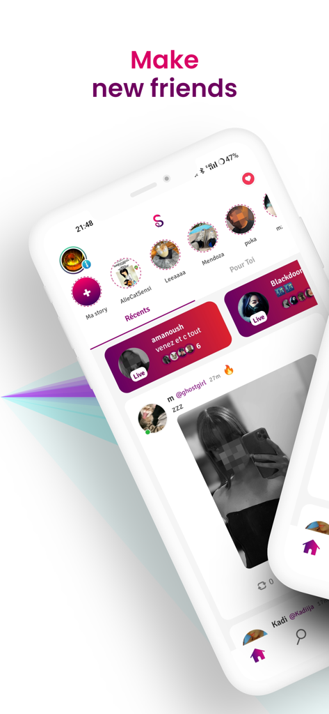 Mobile interface of the Sondago app showing social feeds and stories with the headline Make new friends