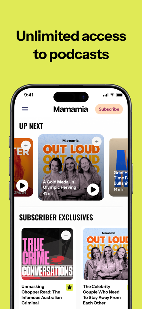 A mobile phone displaying the Mamamia app screen for unlimited podcast access featuring various show covers like Mamamia Out Loud and True Crime Conversations.