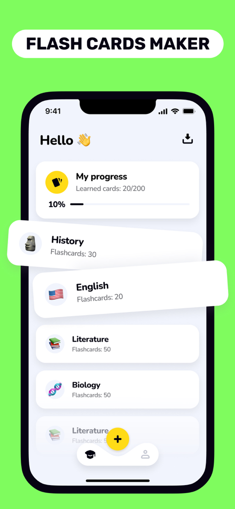 Flashcards Maker: Study Clever - Flashcards Maker App-Oberfläche, die den Lernfortschritt und Fachkategorien wie Geschichte und Englisch zeigt