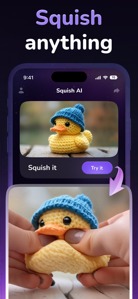 Creato AI. Video generator. - Creato AI app interface demonstrating the squish anything video effect on a crocheted toy duck