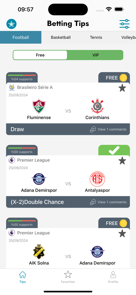 Betting Tips Pro - Interface of the Betting Tips Pro app showing a list of daily football match predictions and betting tips