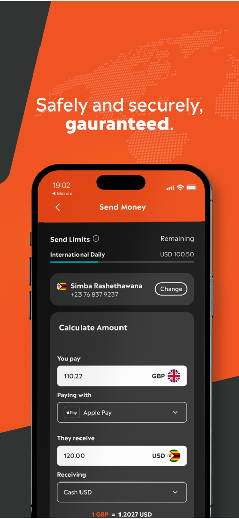 Mukuru mobile app screen showing a currency conversion calculator for sending money internationally from GBP to USD.