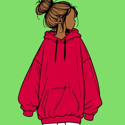 realistic girl with a oversized sweatshirt on and a bun