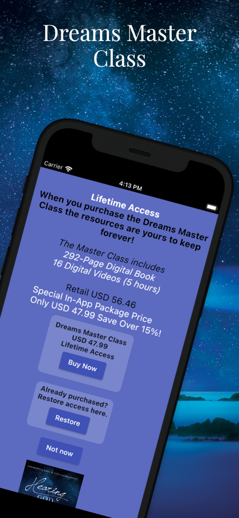 Dream Keys - Pantalla de compra de la Clase Magistral de Sueños en la aplicación Dream Keys con una oferta de acceso de por vida.