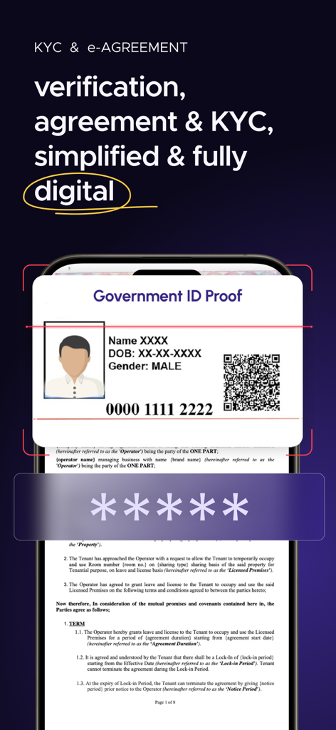 Crib: Property Management App - Interfaz de la aplicación Crib que muestra la verificación digital de KYC de inquilinos y el proceso de acuerdo electrónico
