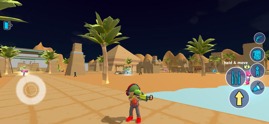 Gameplay screenshot of Grand City Auto Sandbox showing a character with a launcher in a low-poly desert world with pyramids and palm trees.