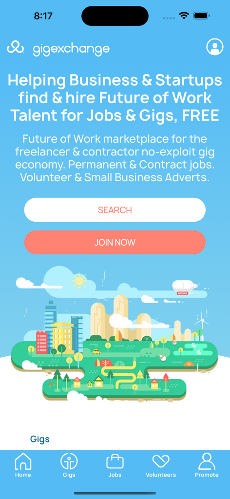 gigexchange - The home screen of the gigexchange app featuring options to search for jobs, gigs, and volunteer opportunities.