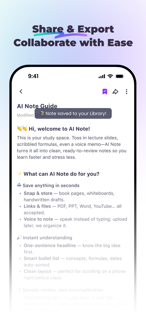 StudyX mobile app interface highlighting AI Note features for sharing exporting and collaborating on study materials.