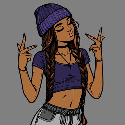 realistic teenage girl with braids and a beanie and crop top doing 🫶🏼