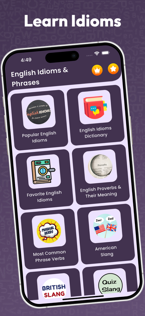 Idioms and Phrases - English - Menú principal de la aplicación Idioms and Phrases English que presenta categorías de estudio para modismos, proverbios y jerga.
