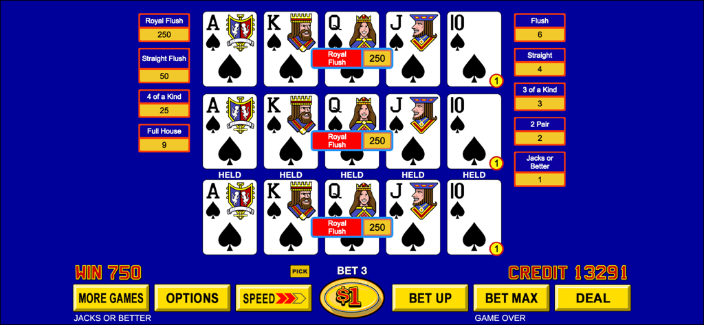 Video Poker ™ - Classic Games - Triple Play Jacks or Betterビデオポーカーのスクリーンショットで、3つのハンドにわたるロイヤルフラッシュの勝利が表示されている。