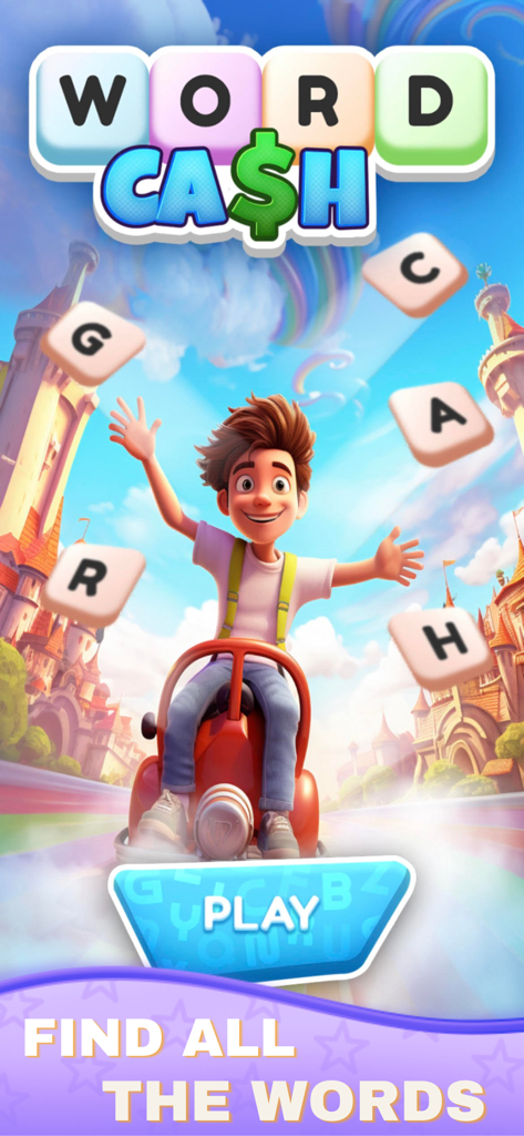 Word Cash! Real Cash Prizes - Word Cash game home screen featuring a cartoon character on a scooter with flying letter tiles and a play button