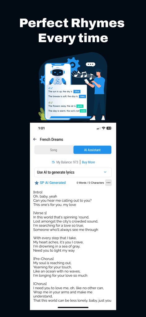 Songwriter app interface showing AI generated lyrics for a song and a rhyming assistant feature.