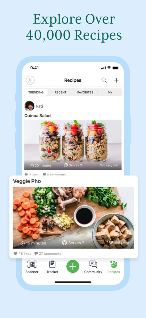 Fooducate: Nutrition Coach - キヌアサラダやベトナム風野菜麺などのヘルシーな食事オプションを備えたFooducateアプリのレシピセクションのスマートフォン表示