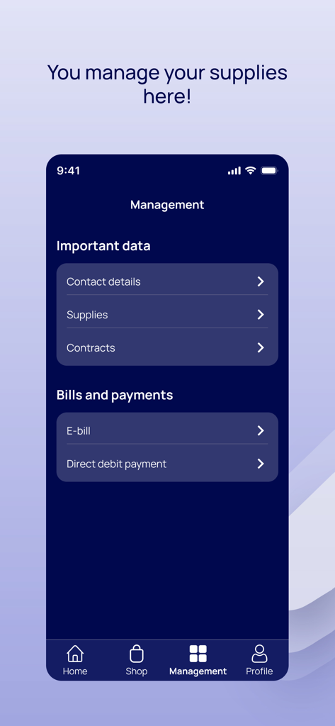 myΗΡΩΝ - Management screen of the myHERON app showing sections for energy supplies contracts and electronic billing