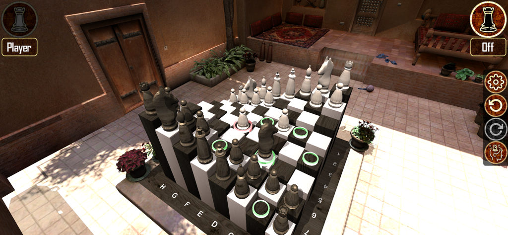 Warrior Chess - A 3D chess game interface in Warrior Chess showing a high-resolution courtyard environment with move highlights and strategy controls