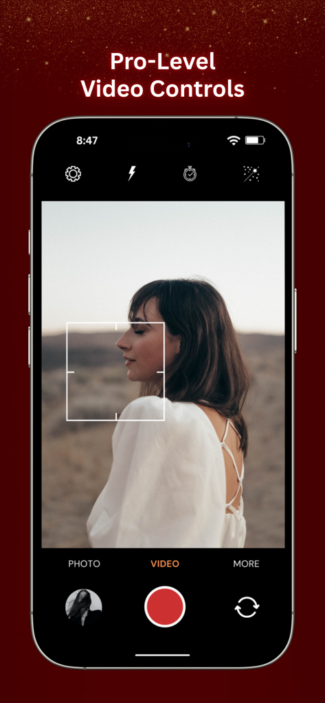 HD Camera Pro Selfie Camera - Interfaz de la aplicación HD Camera Pro mostrando el modo de grabación de video con controles de nivel profesional y un cuadro de enfoque en el retrato de una mujer