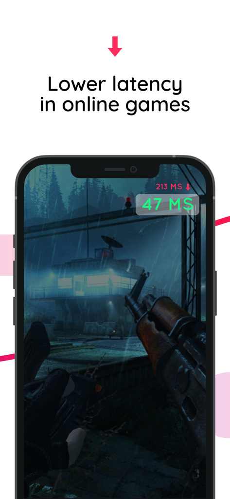 Net Optimizer : Optimize Ping - Captura de pantalla del iPhone que muestra la reducción del ping de 213ms a 47ms en un juego en línea móvil