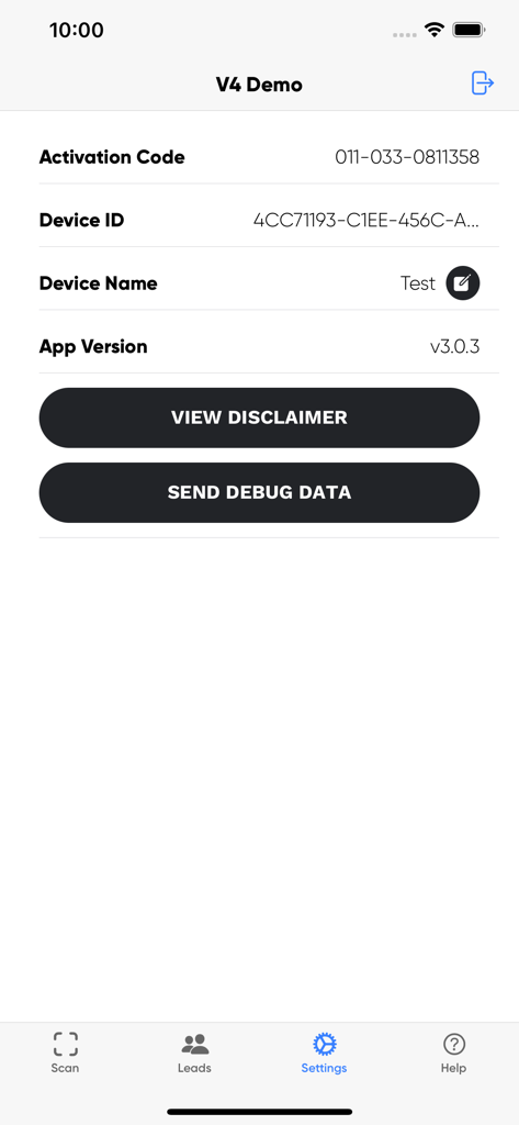 SmartScan app settings page displaying device activation code and version information