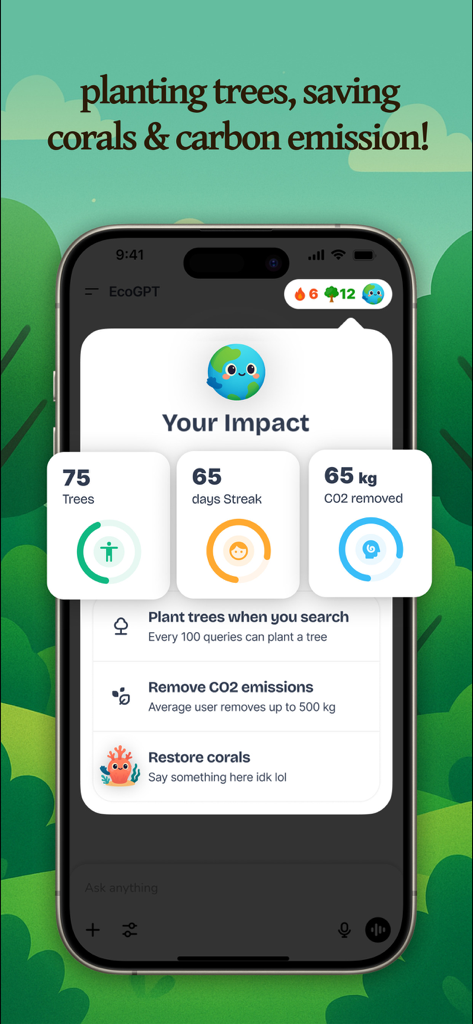 EcoGPT mobile app impact dashboard displaying environmental metrics for trees planted and carbon emissions saved.