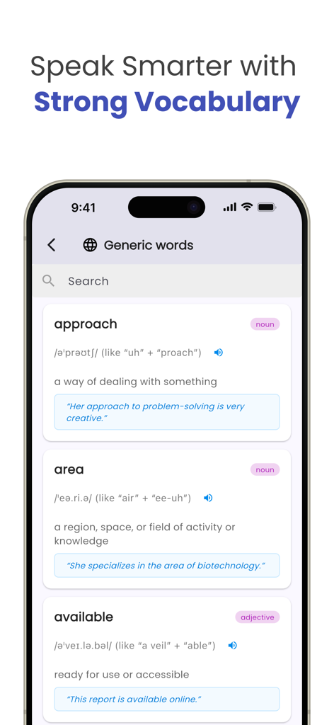 IELTS Pulse: Band 9 AI Prep - IELTS Pulse app interface showing a list of vocabulary words with phonetic guides and example sentences for exam prep.