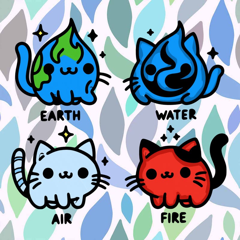 4 cats that represent the different elements, earth, water, air, and fire