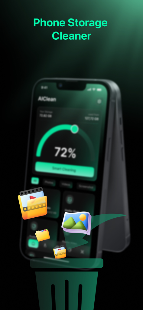 AIClean: Photo Storage Cleaner - AIClean app interface showing storage usage and icons representing photo and video cleaning