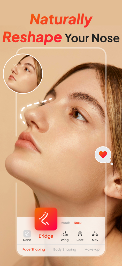 BodyUp: Body Shape Editor - Side profile of a woman using the BodyUp app to naturally refine and reshape her nose bridge