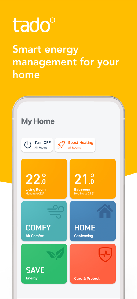 tado° - Interface of the tado app showing smart home temperature controls and energy saving features