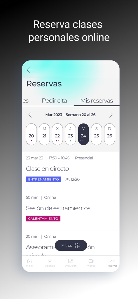 MAMIfit - MAMIfit app screen showing a weekly calendar to book online fitness classes and stretching sessions