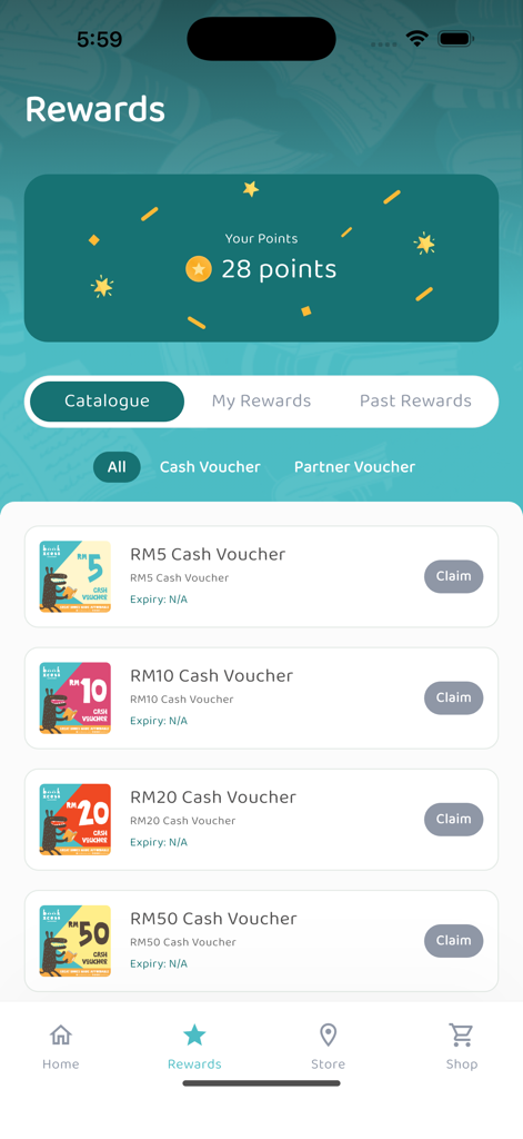 BookXcess - Rewards screen of BookXcess Loyalty App showing points balance and available cash vouchers