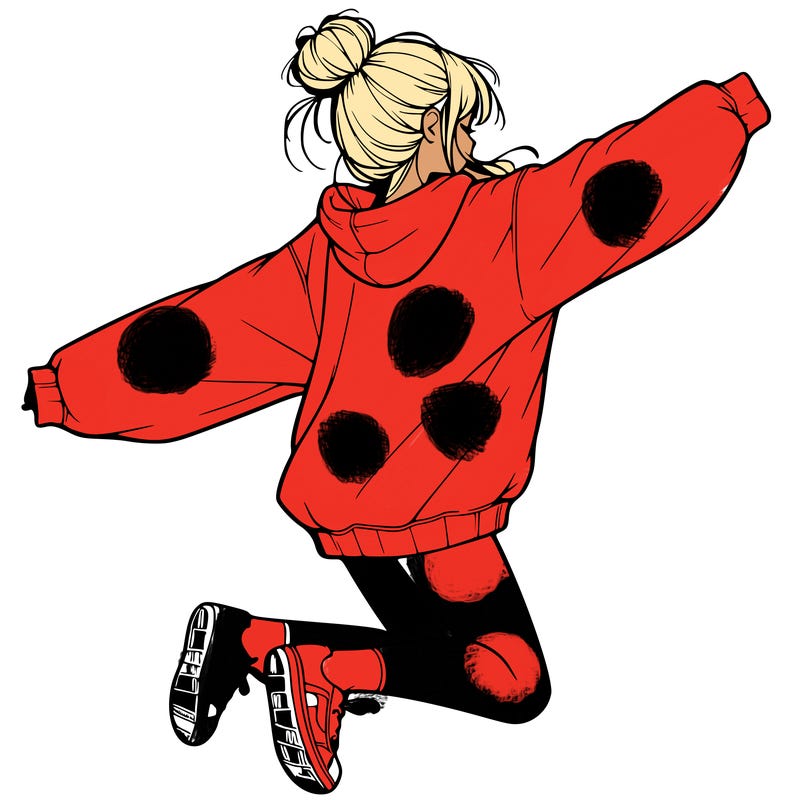 realistic girl jumping with a bun and oversized sweatshirt