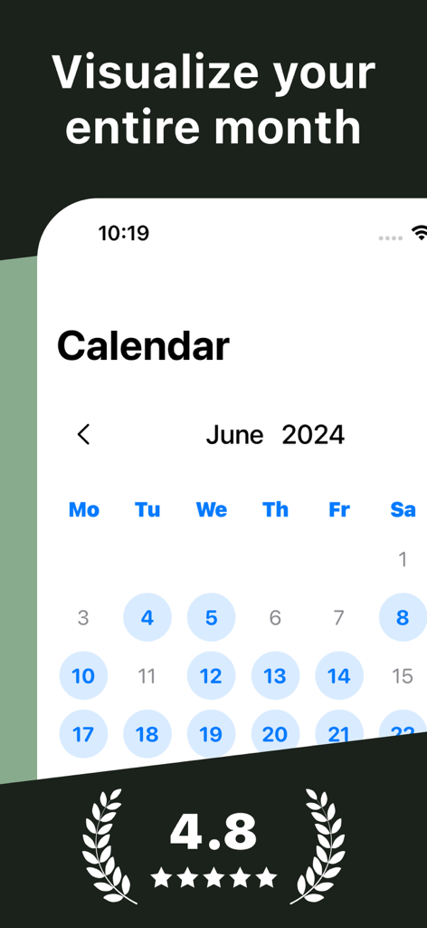 Work Hours Tracker: WorkClock - WorkClockアプリの月間カレンダービュー。勤務日を追跡して表示。