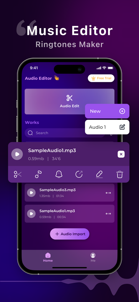 Audio Editor:Music Editor - Music Editor app interface on an iPhone screen showing audio file management and editing tools