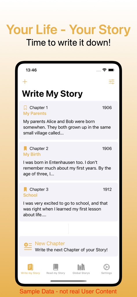 Write My Life Story - Screenshot of the Write My Life Story app displaying organized memoir chapters for personal storytelling