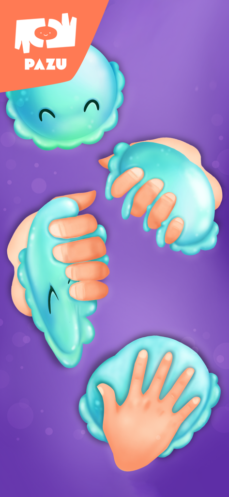 Slime Maker Games For Kids - Manos apretando y presionando slime virtual azul en un simulador para niños