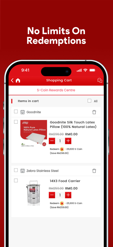 Senheng: Electronics & More - Senheng app shopping cart showing items available for redemption using S-Coin rewards.