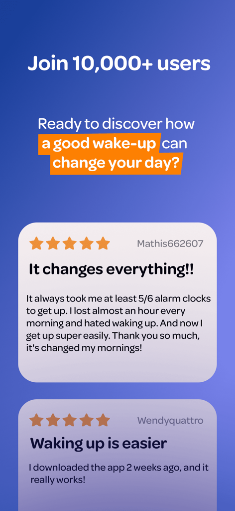 Personal Morning Routine WayUp - User reviews and testimonials for the WayUp app highlighting improved morning routines and easier wake ups
