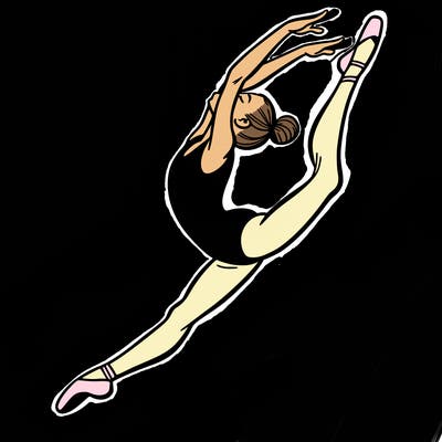 gymnast doing a leap in a leotard with a bent back leg
