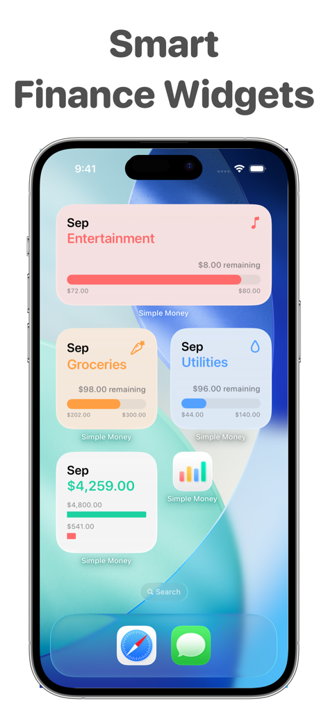 Pantalla de inicio del iPhone que muestra varios widgets coloridos de seguimiento de presupuesto para diferentes categorías como entretenimiento y comestibles