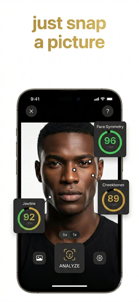 BlackPill: Look Your Best - A smartphone displaying the BlackPill app interface which analyzes a man's facial metrics including jawline, symmetry, and cheekbones with numerical scores.