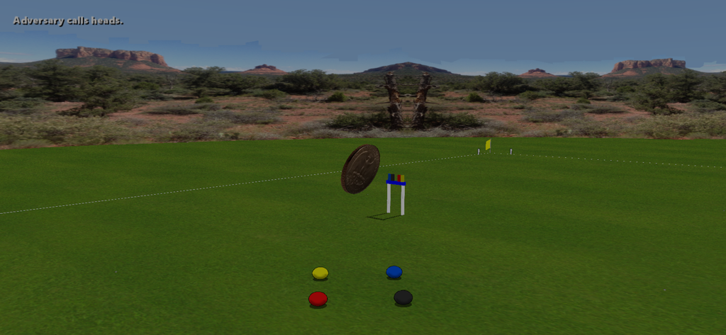 Croquet Pro 2 - A coin flipping in the air to start a croquet match on a green court with desert hills in the background
