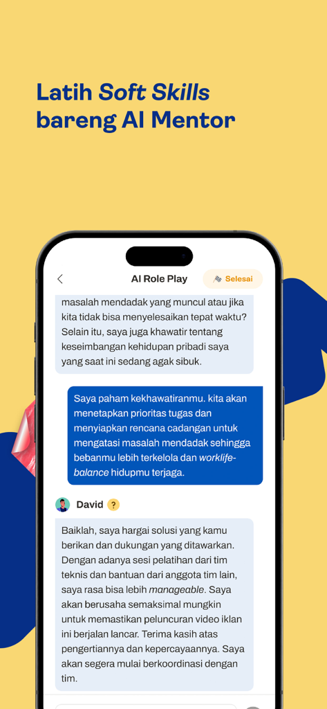 Inspigo Learning Experience - The Inspigo app AI Role Play interface showing a chat-based simulation with an AI mentor for soft skills training.