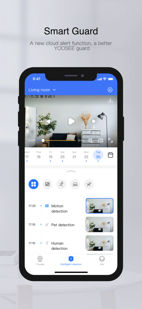 Capture d'écran de l'application Yoosee montrant la fonctionnalité Smart Guard avec une vue caméra et des alertes cloud pour la détection de mouvement, d'animaux domestiques et de personnes.