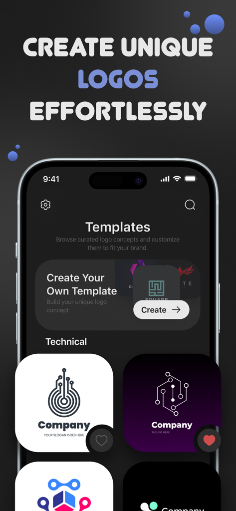Logo Maker: Creator, Designer - Mobile app interface of Logo Maker showing professional logo templates and a call to action to create unique designs effortlessly.
