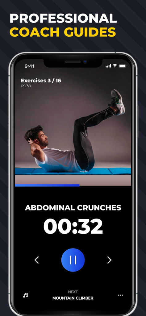 Six Pack in 30 Days - 6 Pack - Mobile app interface showing a professional coach video guide for abdominal crunches with a countdown timer