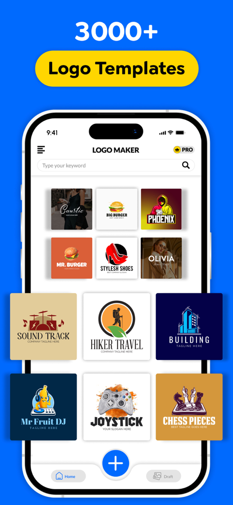 Um iPhone exibindo uma grande variedade de modelos de logo profissionais para diferentes categorias de negócios.